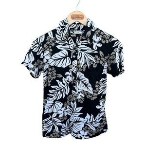 Go Barefoot Women's Vintage Hawaiian Blouse Button Up Floral Black Size XXS
